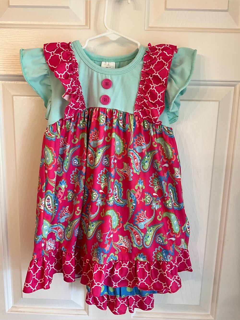 Girls' Pink Paisley Ruffle Dress with Aqua Bodice - Cute Casual Set